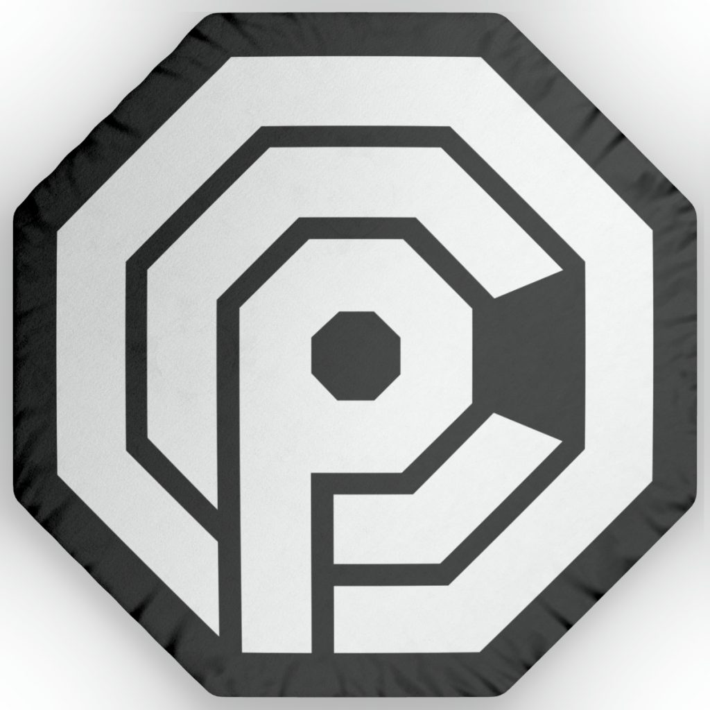 Black-and-white OCP logo-shaped pillow