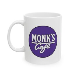 White Monk's Cafe mug with purple Seinfeld diner logo