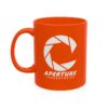 Orange Aperture Laboratories mug with white Portal logo
