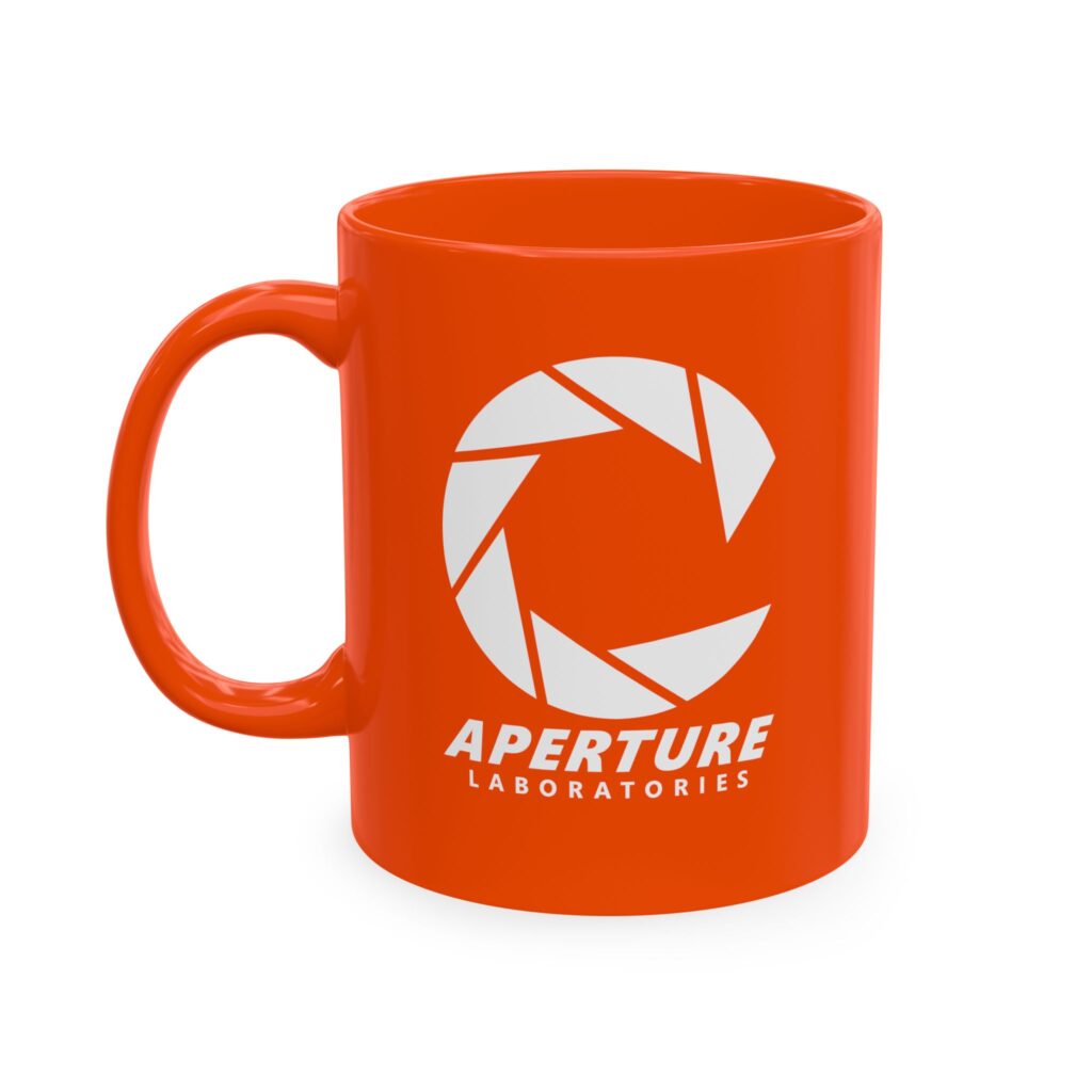 Orange Aperture Laboratories mug with white Portal logo