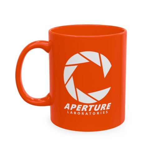 Orange Aperture Laboratories mug with white Portal logo