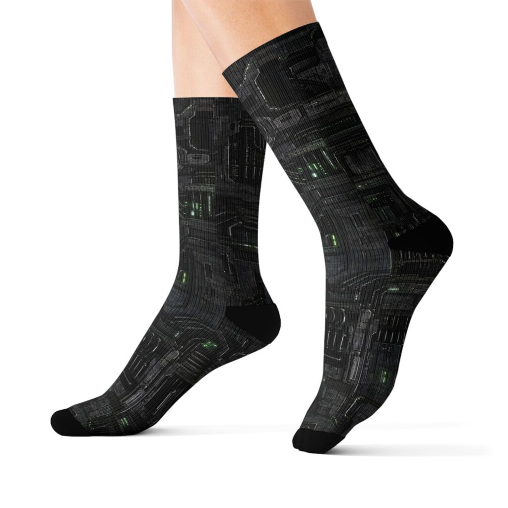 Black Borg crew socks with green-lit cube circuitry from Star Trek