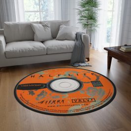 Half-Life round rug with original 1998 orange CD-ROM design and lambda logo