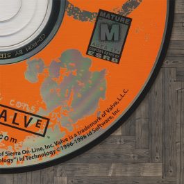 Half-Life round rug with original 1998 orange CD-ROM design and lambda logo