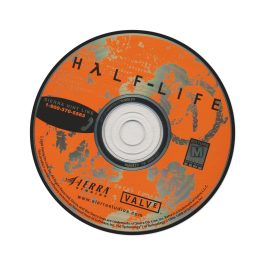 Half-Life round rug with original 1998 orange CD-ROM design and lambda logo