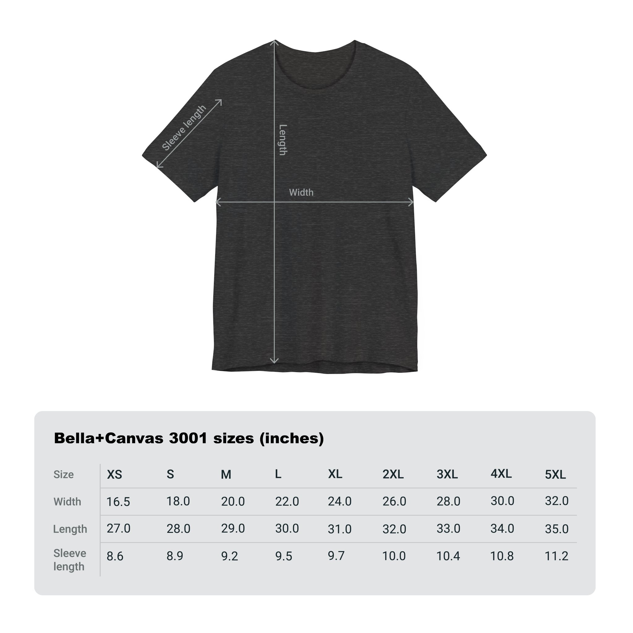 T-Shirt Size Chart Bella+Canvas 3001