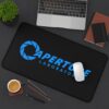 Aperture Laboratories blue logo black desk mat - angled desk view with a mouse Black Portal desk mat with a large blue Aperture Laboratories logo, angled desk view with a mouse