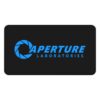 Aperture Laboratories blue logo black desk mat - front view Black Portal desk mat with a large blue Aperture Laboratories logo, front view