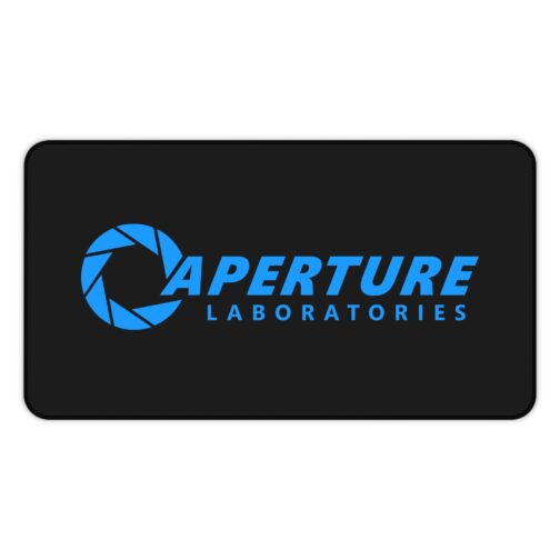 Aperture Laboratories blue logo black desk mat - front view Black Portal desk mat with a large blue Aperture Laboratories logo, front view