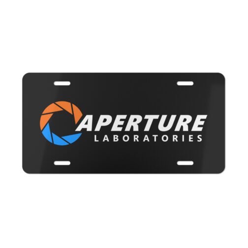 aperture-laboratories-decorative-vanity-license-plate-black-background-front Aperture Laboratories novelty license plate black background front product view, science laboratory vanity car tag. Inspired by Portal.
