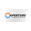 aperture-laboratories-decorative-vanity-license-plate-white-background-front Aperture Laboratories novelty license plate white background front product view, science laboratory vanity car tag. Inspired by Portal.