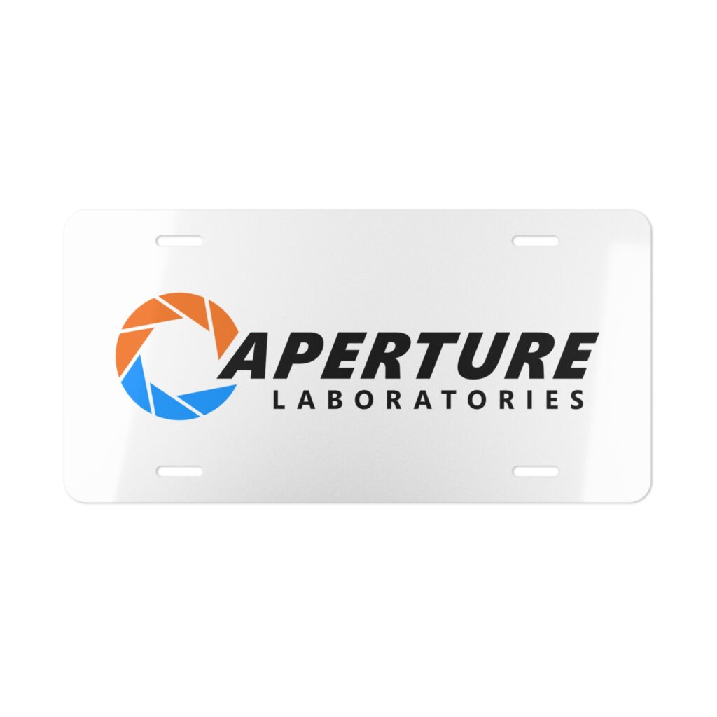 Aperture Laboratories novelty license plate white background front product view, science laboratory vanity car tag. Inspired by Portal.