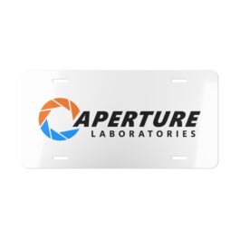 aperture-laboratories-decorative-vanity-license-plate-white-background-front Aperture Laboratories novelty license plate white background front product view, science laboratory vanity car tag. Inspired by Portal.
