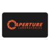 Aperture Laboratories orange logo black desk mat - front view Black Portal desk mat with a large orange Aperture Laboratories logo, front view