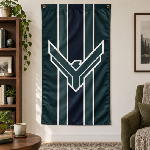 Dark teal and navy Atreides flag with white hawk design hanging vertically in a reading room