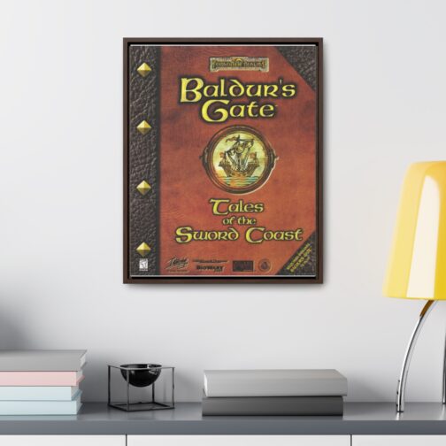 Baldur's Gate Tales of the Sword Coast framed canvas shown above a console table