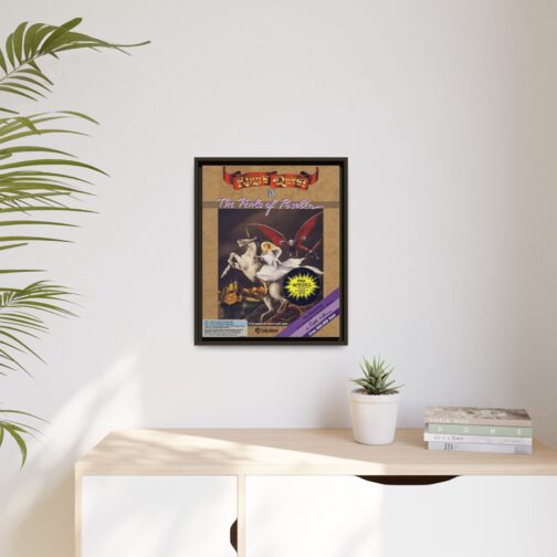 King's Quest IV framed canvas - displayed on a wall above a cabinet King's Quest IV framed game cover canvas, displayed on a wall above a cabinet