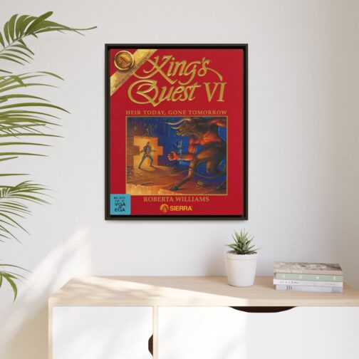King's Quest VI framed game cover canvas, displayed on a wall above a cabinet