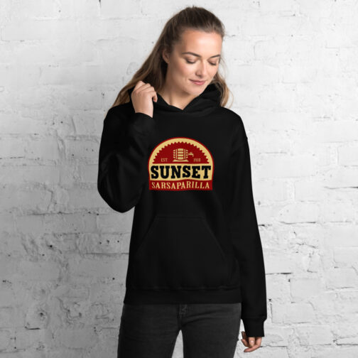 Sunset Sarsaparilla hoodie - black model view Black Sunset Sarsaparilla hoodie from Fallout worn by a model