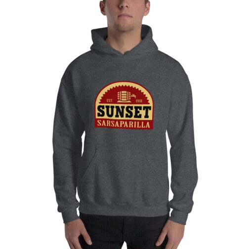 Sunset Sarsaparilla hoodie - dark grey model view Dark Grey Sunset Sarsaparilla hoodie from Fallout worn by a model