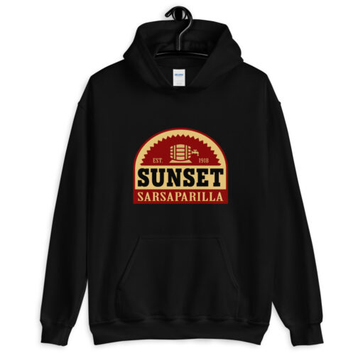 Sunset Sarsaparilla hoodie - black hanger view Black Sunset Sarsaparilla hoodie from Fallout shown from the front on a hanger