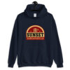 Sunset Sarsaparilla hoodie - navy hanger view Navy Sunset Sarsaparilla hoodie from Fallout shown from the front on a hanger