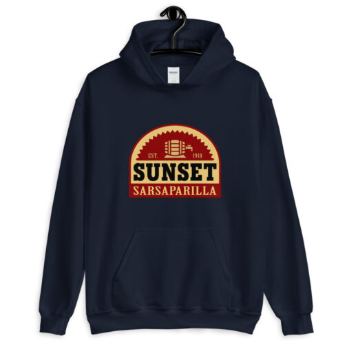 Sunset Sarsaparilla hoodie - navy hanger view Navy Sunset Sarsaparilla hoodie from Fallout shown from the front on a hanger
