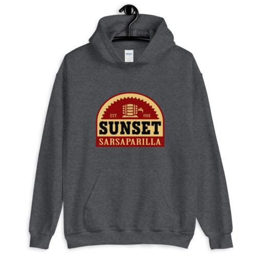 Sunset Sarsaparilla hoodie - dark grey hanger view Dark Grey Sunset Sarsaparilla hoodie from Fallout shown from the front on a hanger
