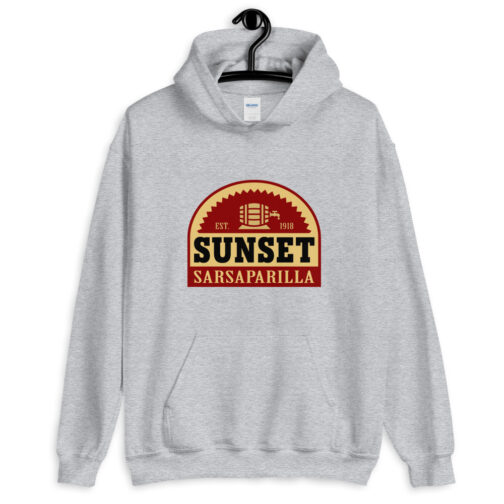 Sunset Sarsaparilla hoodie - grey hanger view Grey Sunset Sarsaparilla hoodie from Fallout shown from the front on a hanger