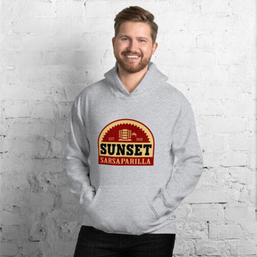 Sunset Sarsaparilla hoodie - grey model view Grey Sunset Sarsaparilla hoodie from Fallout worn by a model