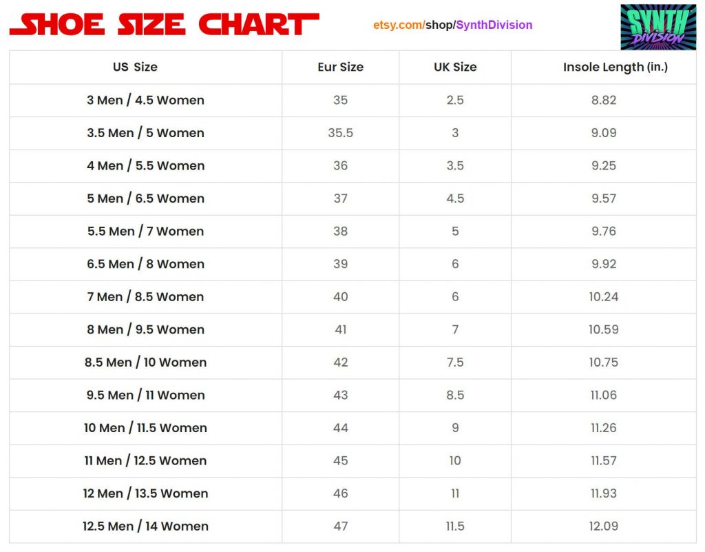 R2D2 Shoes size chart