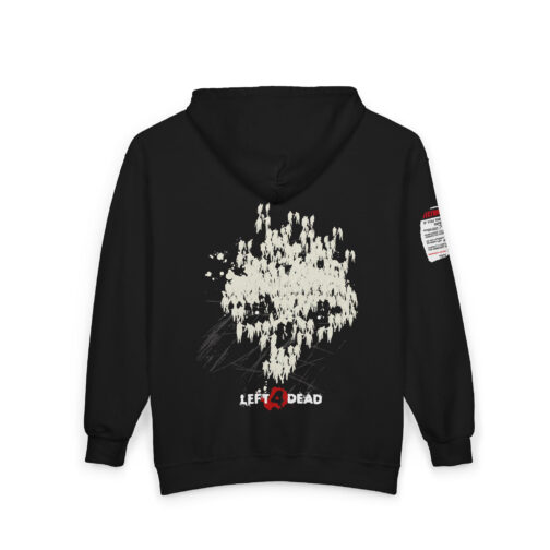 Back of the black L4D replica hoodie with a skull formed from infected silhouettes and the Left 4 Dead logo