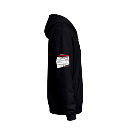 Right sleeve of the black L4D zip hoodie with the infection warning print