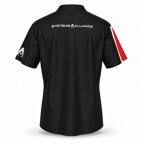 N7 Shirt - back Back of the black N7 shirt with Systems Alliance lettering and red-and-white sleeve stripe.