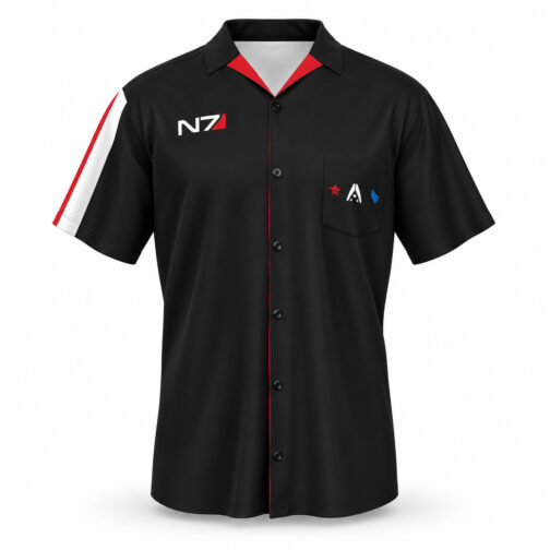 N7 Shirt - front Front view of the black Mass Effect N7 shirt with chest pocket and red-and-white sleeve stripe.