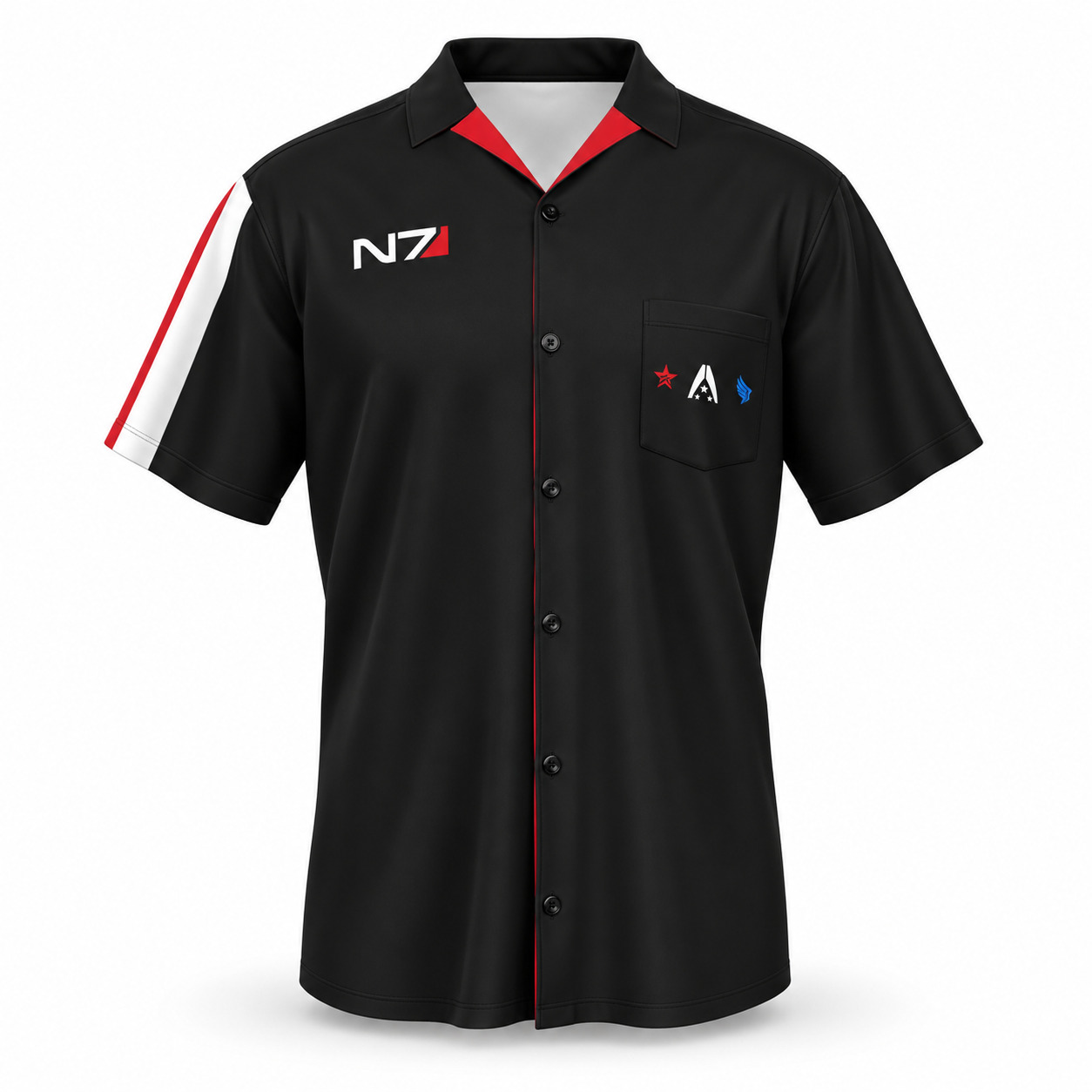 Front view of the black Mass Effect N7 shirt with chest pocket and red-and-white sleeve stripe.