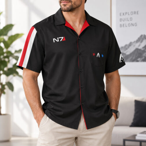 N7 Shirt - lifestyle Model wearing the black Mass Effect N7 shirt with chest pocket, red accents and Systems Alliance sleeve emblem.
