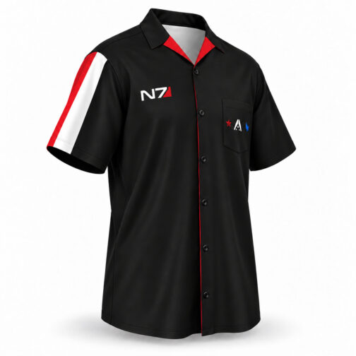N7 Shirt - stripe sleeve angle Angled front view of the Mass Effect N7 shirt showing the red-and-white sleeve stripe.