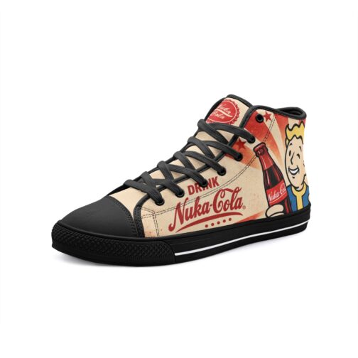 Nuka-Cola Shoes – black soles front Nuka-Cola Fallout high-top shoe with Vault Boy artwork, black sole and black laces