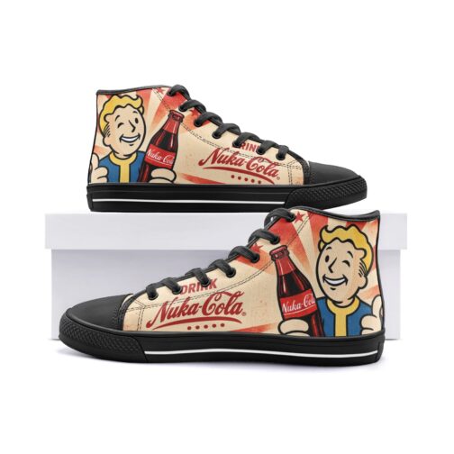 Nuka-Cola Shoes – black soles pair Pair of Nuka-Cola Fallout high-tops with black soles and laces on a display box