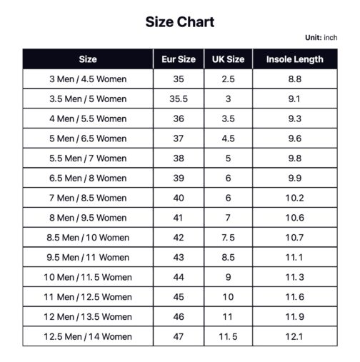 Nuka-Cola Shoes – size chart Nuka-Cola shoe supplier size chart with paired US men and women sizes, EU sizes and insole lengths in inches