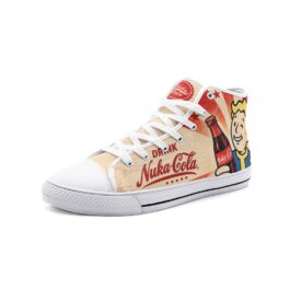 Nuka-Cola Fallout high-top shoe with Vault Boy artwork, white sole and white laces