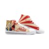 Nuka-Cola Shoes – white soles inner outer White-trim Nuka-Cola high-tops showing Vault Boy artwork outside and red sunburst print inside