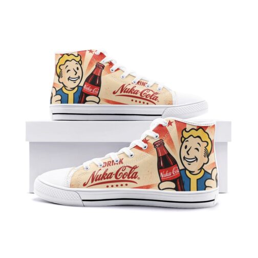 Nuka-Cola Shoes – white soles pair Pair of Nuka-Cola Fallout high-tops with white soles and laces on a display box