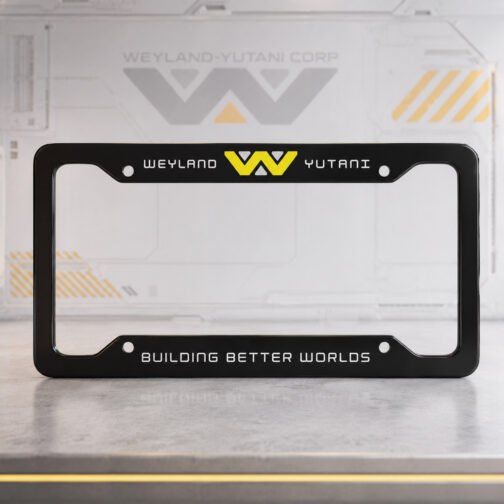 Black Weyland-Yutani License Plate Frame featuring the Weyland-Yutani Corporation logo and motto "Building Better Worlds"